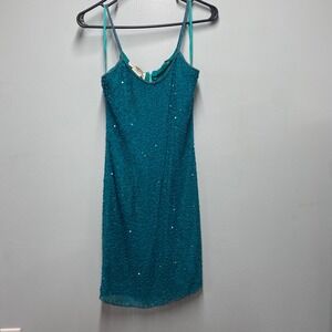 Roberta VTG Teal Blue 100% Silk Beaded Sequin Cocktail Dress Small Sleeveless